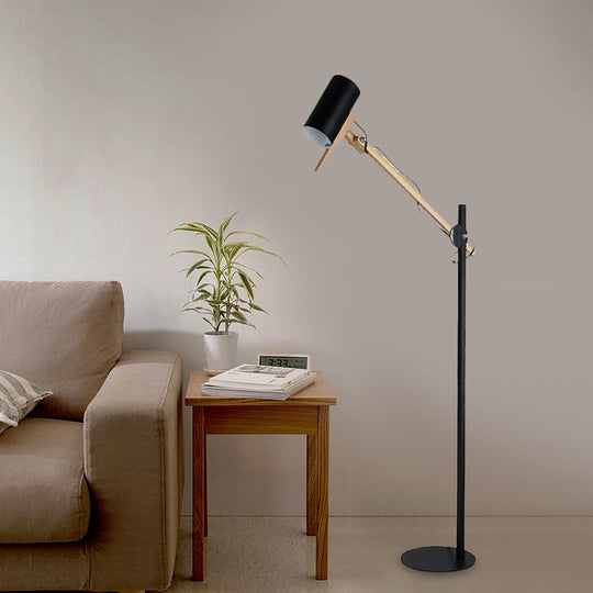 Modern Iron Swing Arm Floor Lamp - White/Black with Wood Tube Accent - 1-Light Standing Light