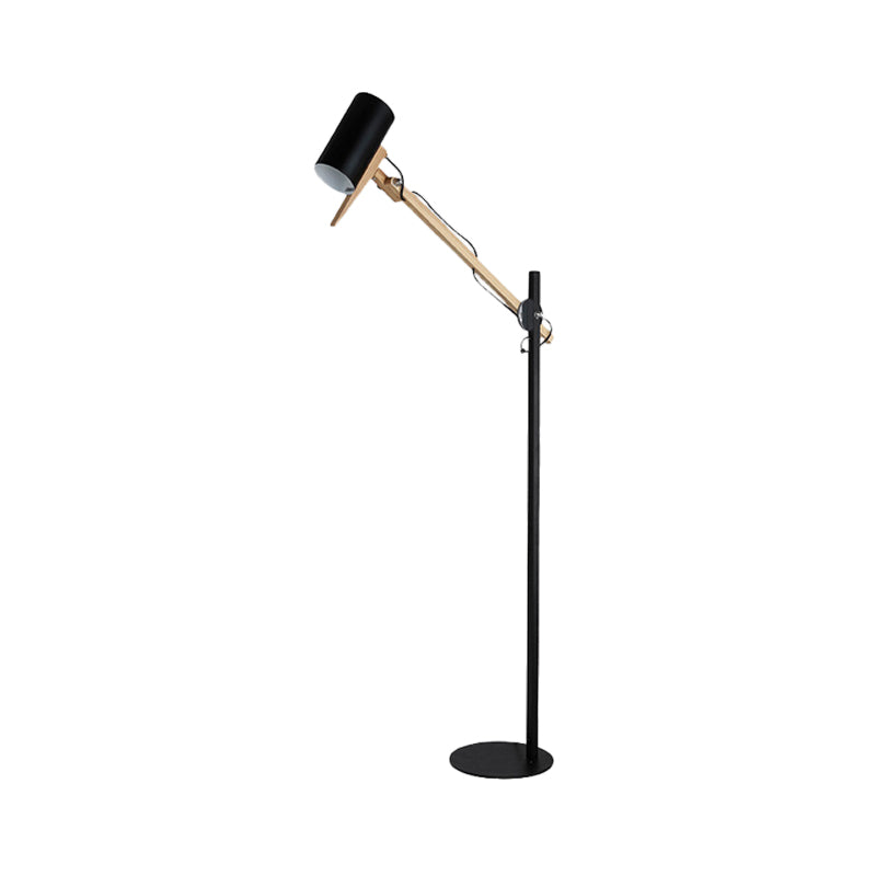Modern Iron Swing Arm Floor Lamp - White/Black with Wood Tube Accent - 1-Light Standing Light