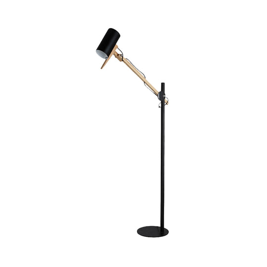 Modern Iron Swing Arm Floor Lamp - White/Black with Wood Tube Accent - 1-Light Standing Light