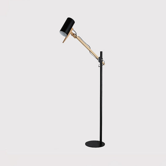 Modern Iron Swing Arm Floor Lamp - White/Black with Wood Tube Accent - 1-Light Standing Light