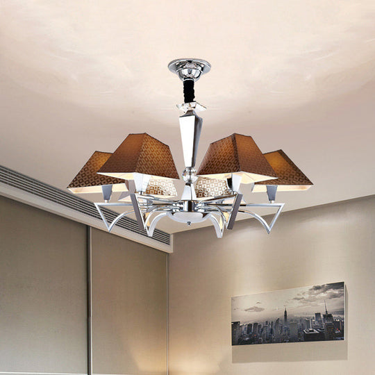 Modern Geometric Ceiling Chandelier - 6-Light Brown Pendant Lamp Fixture with Chrome Arm