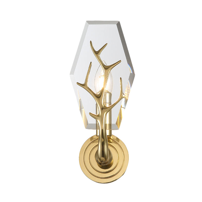 Brass Antler Arm Wall Sconce with Crystal Panel, Modern Design & 1-Bulb Wall Mount Lighting