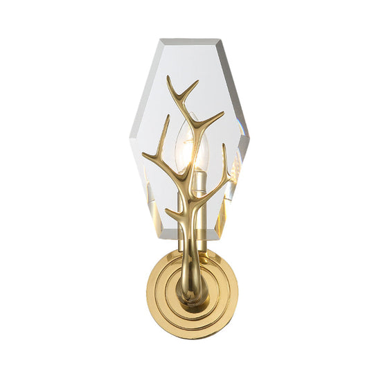 Brass Antler Arm Wall Sconce with Crystal Panel, Modern Design & 1-Bulb Wall Mount Lighting
