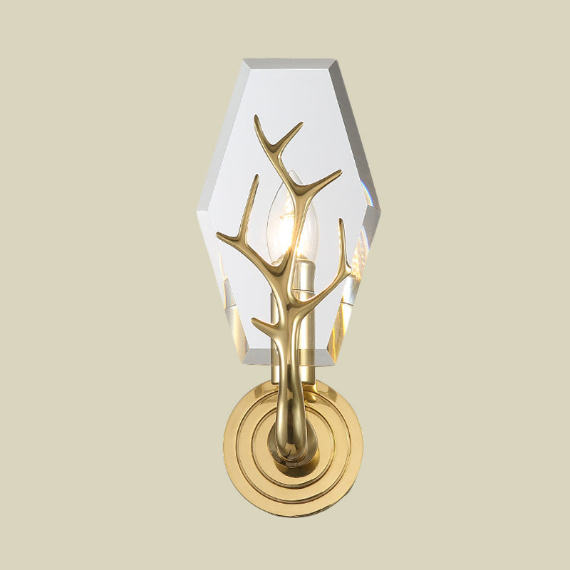Brass Antler Arm Wall Sconce with Crystal Panel, Modern Design & 1-Bulb Wall Mount Lighting