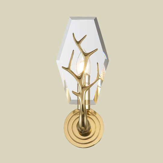 Brass Antler Arm Wall Sconce with Crystal Panel, Modern Design & 1-Bulb Wall Mount Lighting
