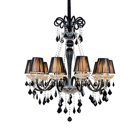 10-Bulb Fabric Ceiling Light: Traditional Tapered Chandelier Lamp with Crystal and Glass Arm (Black/Clear)