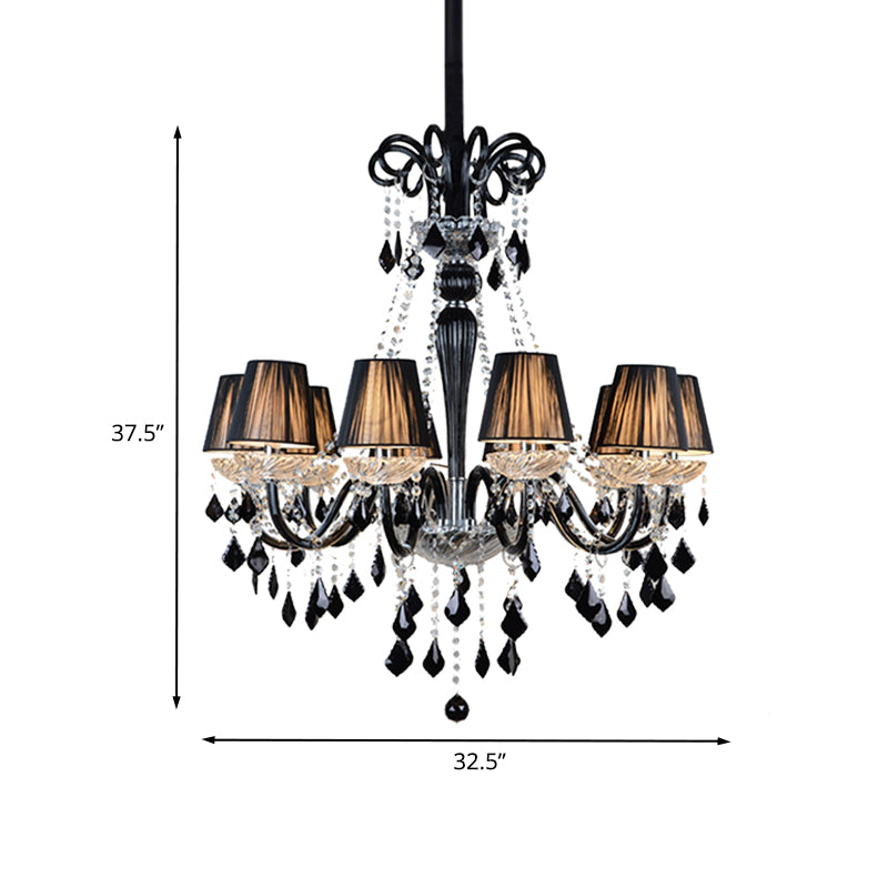 10-Bulb Fabric Ceiling Light: Traditional Tapered Chandelier Lamp with Crystal and Glass Arm (Black/Clear)