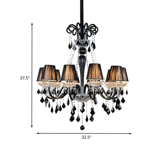 10-Bulb Fabric Ceiling Light: Traditional Tapered Chandelier Lamp with Crystal and Glass Arm (Black/Clear)