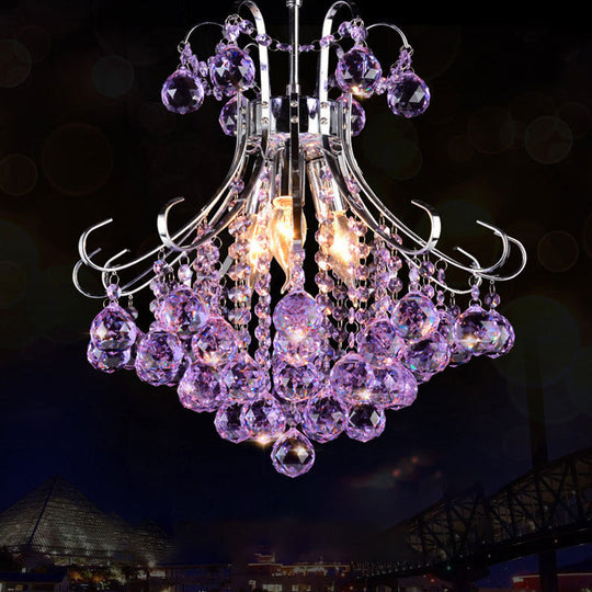 Traditionalist Raindrop Purple/Red Crystal Ball Chandelier Pendant Light with Chrome Down Lighting - Set of 3 Bulbs