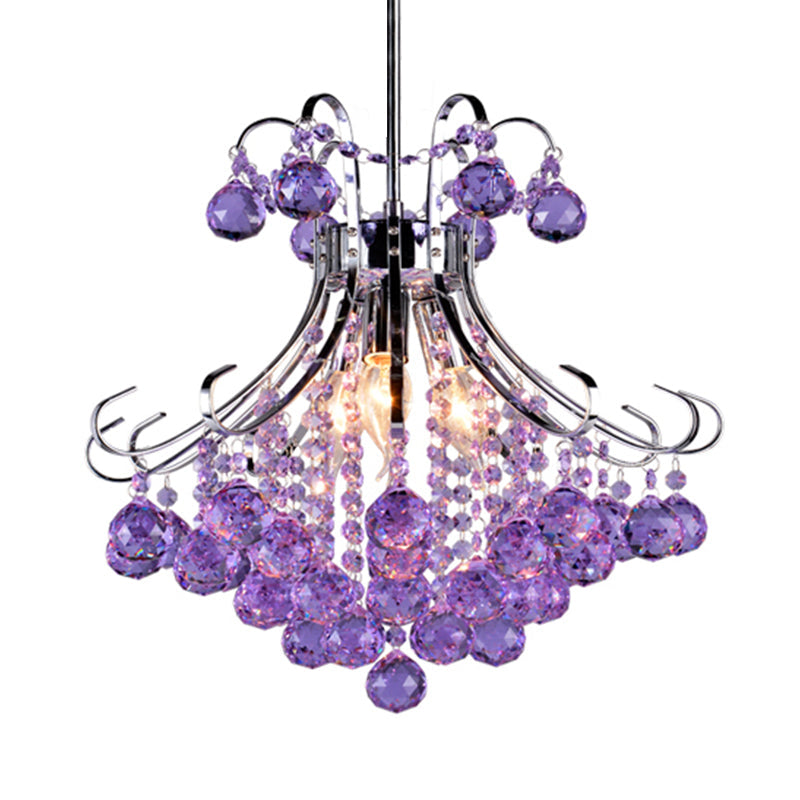 Traditionalist Raindrop Purple/Red Crystal Ball Chandelier Pendant Light with Chrome Down Lighting - Set of 3 Bulbs