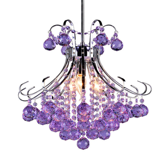 Traditionalist Raindrop Purple/Red Crystal Ball Chandelier Pendant Light with Chrome Down Lighting - Set of 3 Bulbs