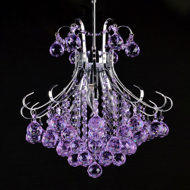 Traditionalist Raindrop Purple/Red Crystal Ball Chandelier Pendant Light with Chrome Down Lighting - Set of 3 Bulbs