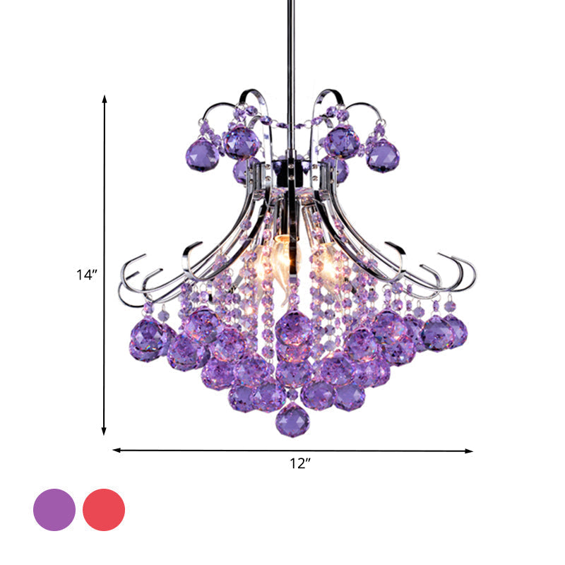 Traditionalist Raindrop Purple/Red Crystal Ball Chandelier Pendant Light with Chrome Down Lighting - Set of 3 Bulbs