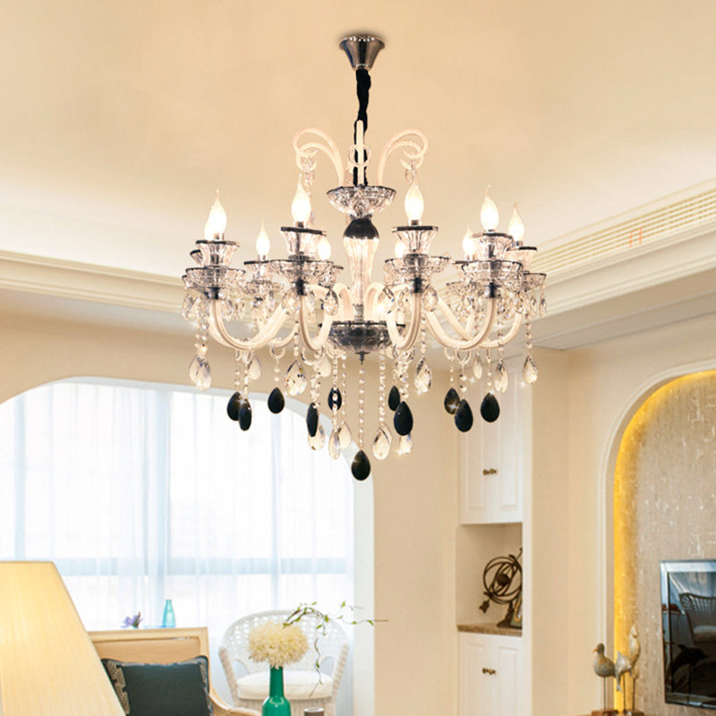 10-Light Vintage Candlestick Chandelier with Clear and Black Crystal Pendant and Glass Arms