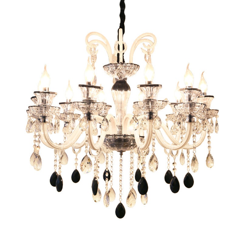 10-Light Vintage Candlestick Chandelier with Clear and Black Crystal Pendant and Glass Arms