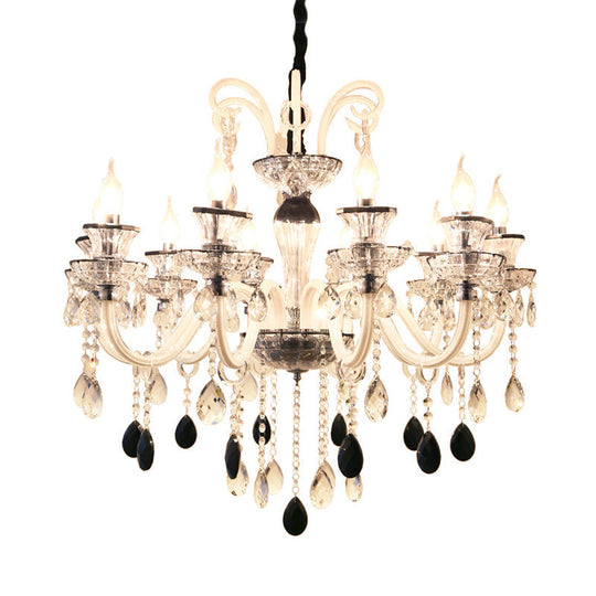 10-Light Vintage Candlestick Chandelier with Clear and Black Crystal Pendant and Glass Arms
