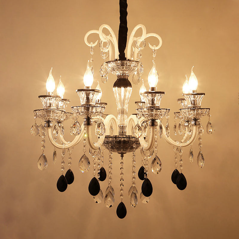 10-Light Vintage Candlestick Chandelier with Clear and Black Crystal Pendant and Glass Arms