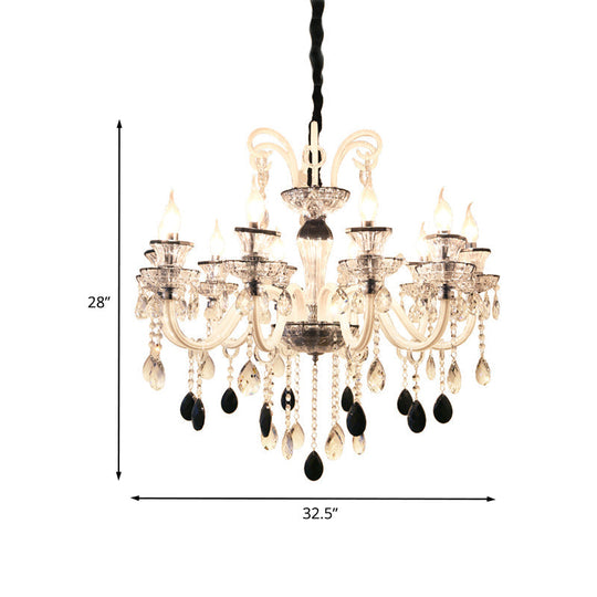 10-Light Vintage Candlestick Chandelier with Clear and Black Crystal Pendant and Glass Arms