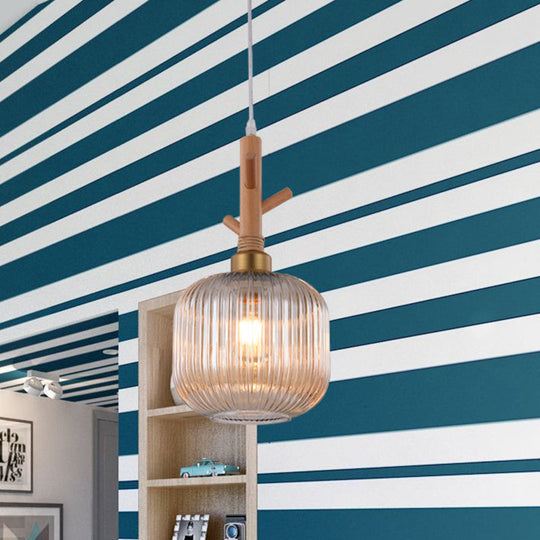 Modern Amber Glass Drum Hanging Light - Kitchen Island Ceiling Lamp with Wood Branch Top