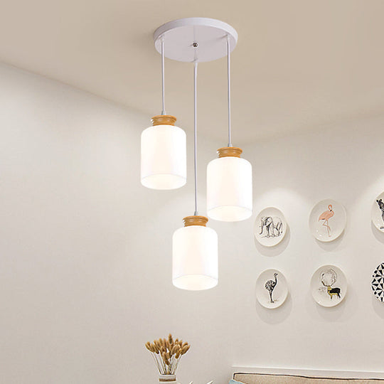 Modern White Glass Cylinder Chandelier with 3 Heads - Wood Suspension Lamp