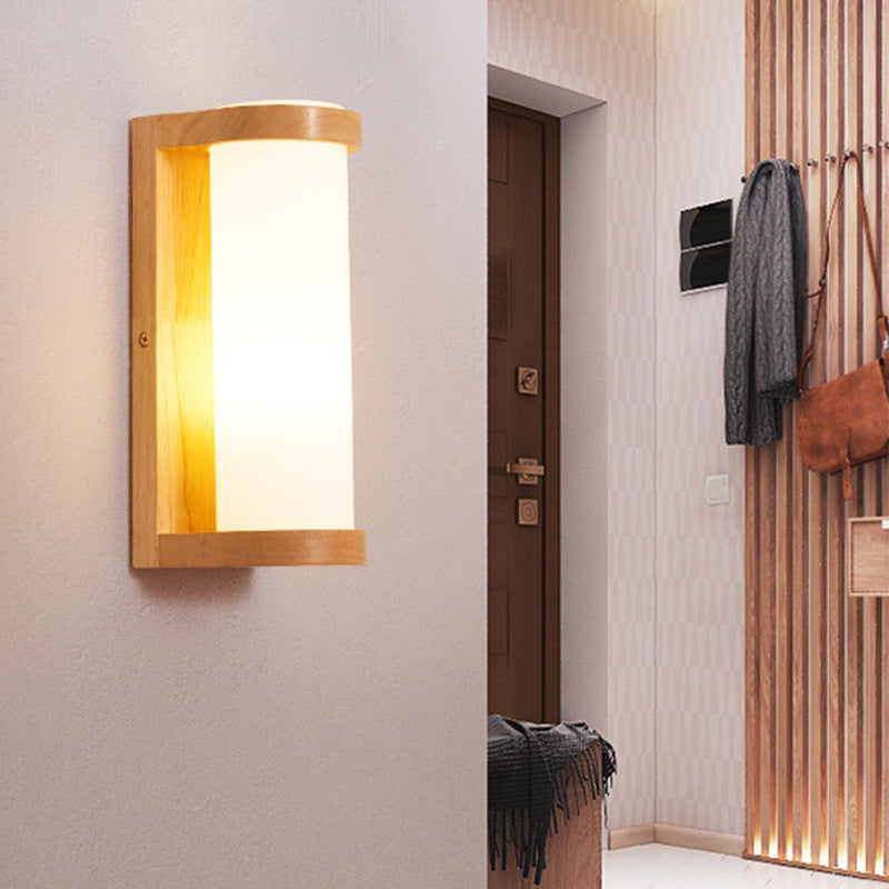 Wooden Rectangle Sconce Lamp with Opal Glass Shade - Simple Corner Wall Mount Lighting