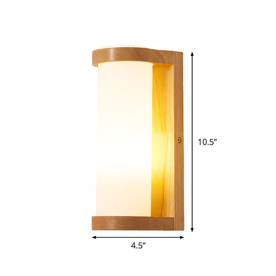 Wooden Rectangle Sconce Lamp with Opal Glass Shade - Simple Corner Wall Mount Lighting