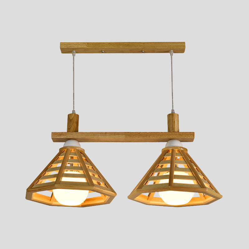 Modernist Beige Polygon Cage Pendant Lamp with Wood Shade - 2 Bulb Hanging Light