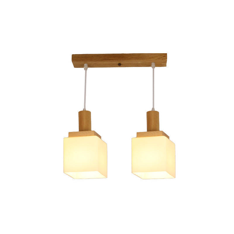 Modern Wood Cube Hanging Pendant Light with Opal Glass - 2/3 Heads, Linear Canopy