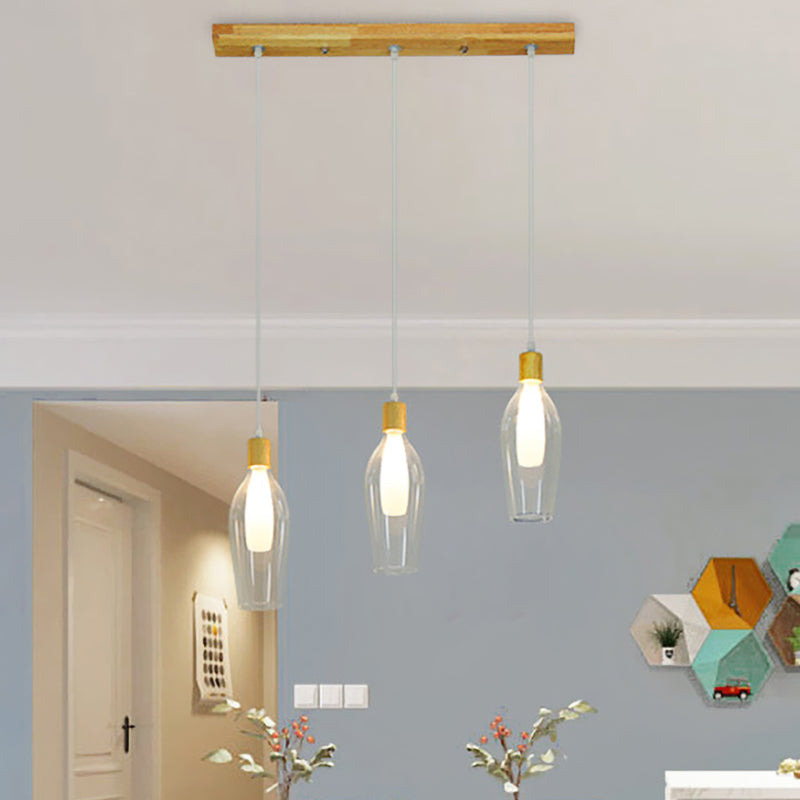 Modern Clear Glass Tulip Pendant Chandelier with Wood Detail- 3-Bulb Hanging Ceiling Lamp