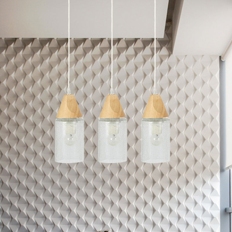 Modern Cracked Glass Tube Pendant with Wood Suspension - 3-Bulb Multi-light Suspension Lamp for Dining Room