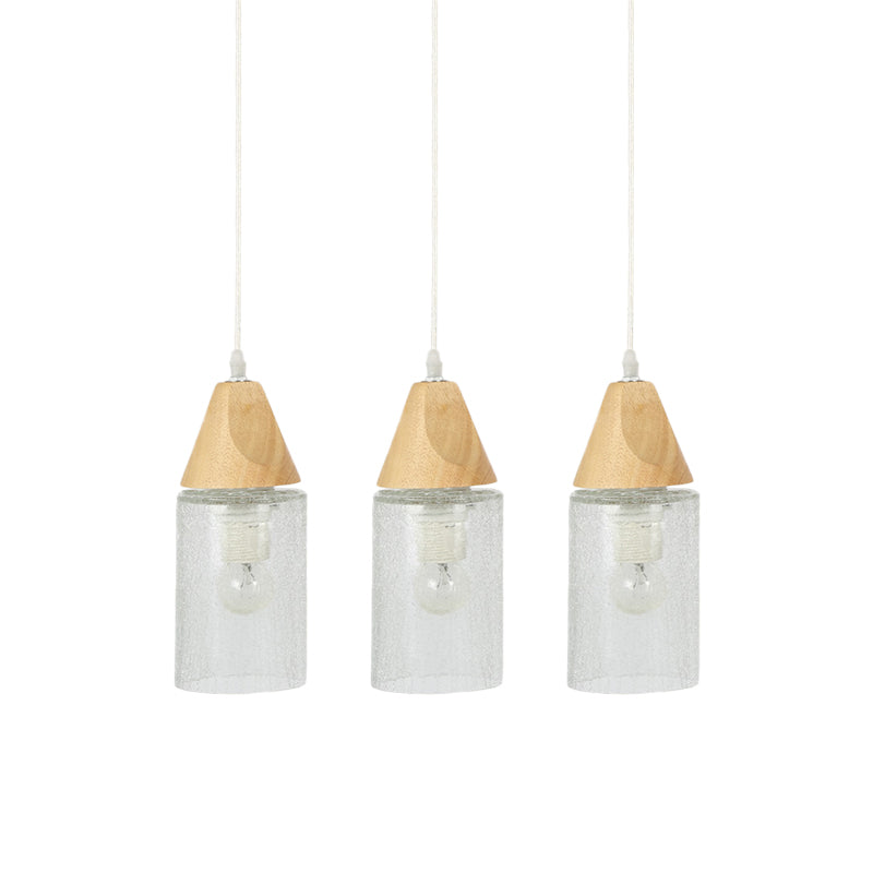 Modern Cracked Glass Tube Pendant with Wood Suspension - 3-Bulb Multi-light Suspension Lamp for Dining Room