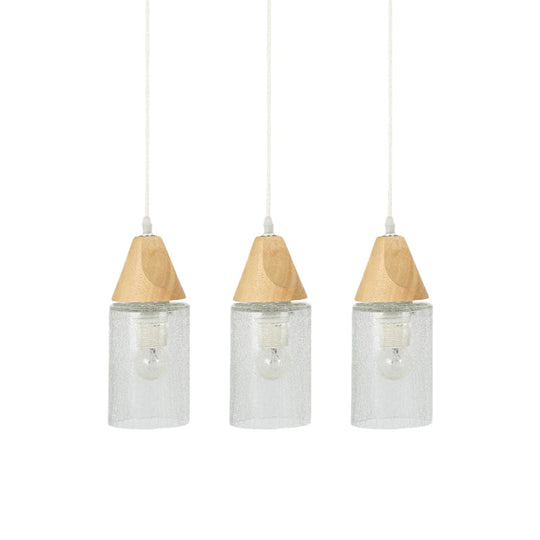 Modern Cracked Glass Tube Pendant with Wood Suspension - 3-Bulb Multi-light Suspension Lamp for Dining Room