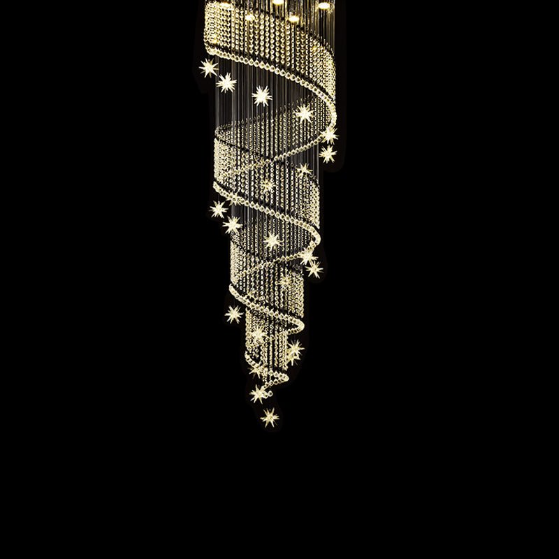 Sleek Spiral Multi Ceiling Light - 4 Clear Crystal Bead Suspension Heads for Stair