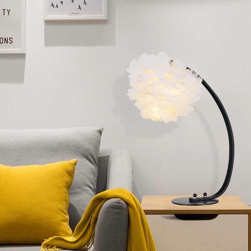 Modern Blossom Feather Night Lamp with Black Arched Arm for Bedside