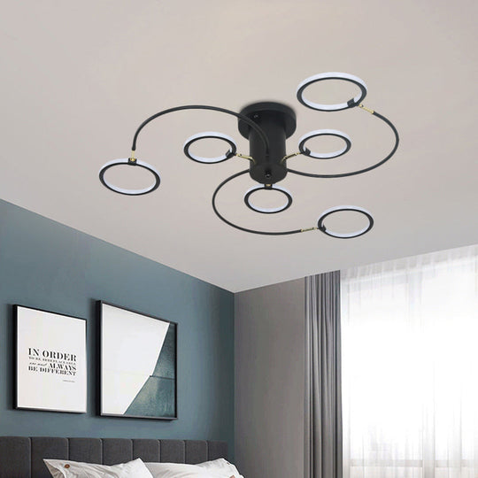 Modern Black/Gold Swirl Semi Flush Mount LED Ceiling Fixture with Rings - Bedroom Lighting