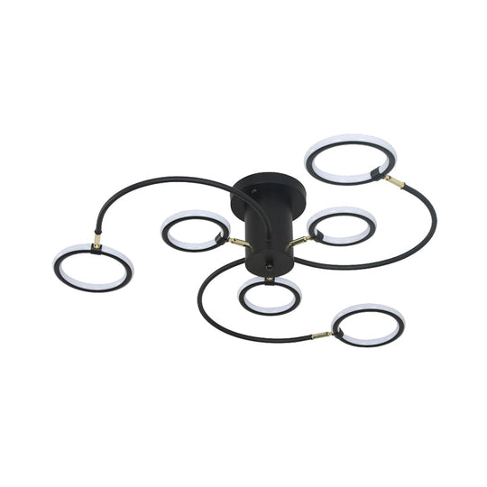 Modern Black/Gold Swirl Semi Flush Mount LED Ceiling Fixture with Rings - Bedroom Lighting