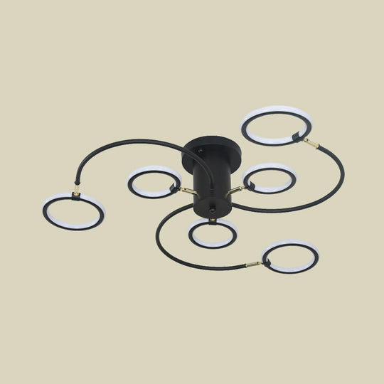 Modern Black/Gold Swirl Semi Flush Mount LED Ceiling Fixture with Rings - Bedroom Lighting
