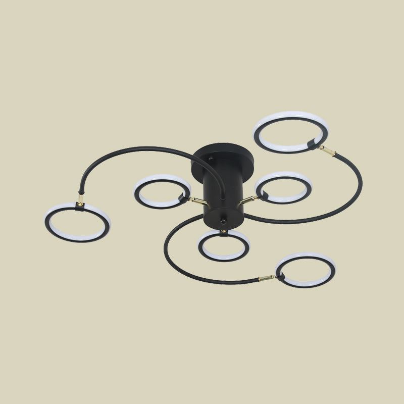 Modern Black/Gold Swirl Semi Flush Mount LED Ceiling Fixture with Rings - Bedroom Lighting
