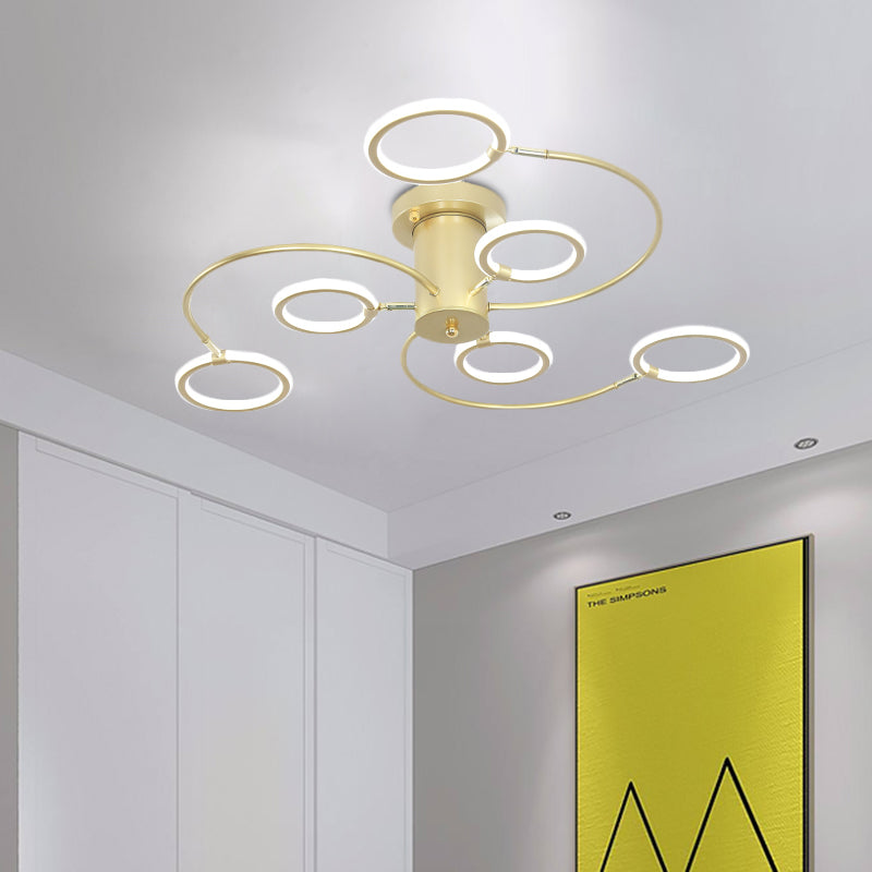 Modern Black/Gold Swirl Semi Flush Mount LED Ceiling Fixture with Rings - Bedroom Lighting