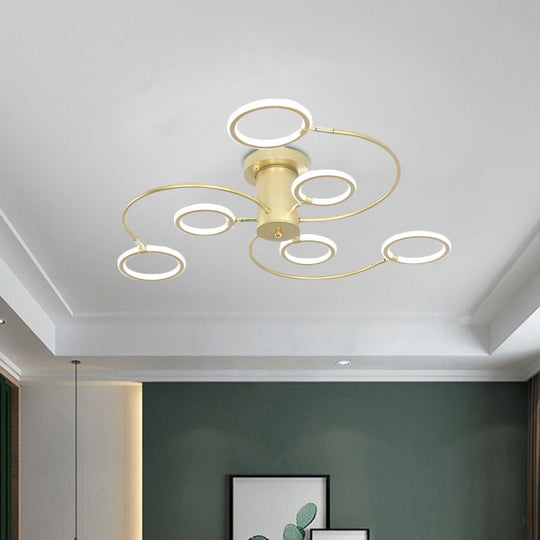 Modern Black/Gold Swirl Semi Flush Mount LED Ceiling Fixture with Rings - Bedroom Lighting