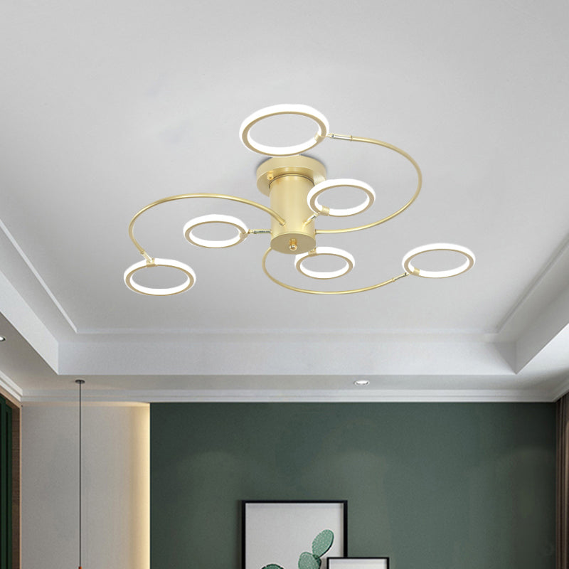 Modern Black/Gold Swirl Semi Flush Mount LED Ceiling Fixture with Rings - Bedroom Lighting