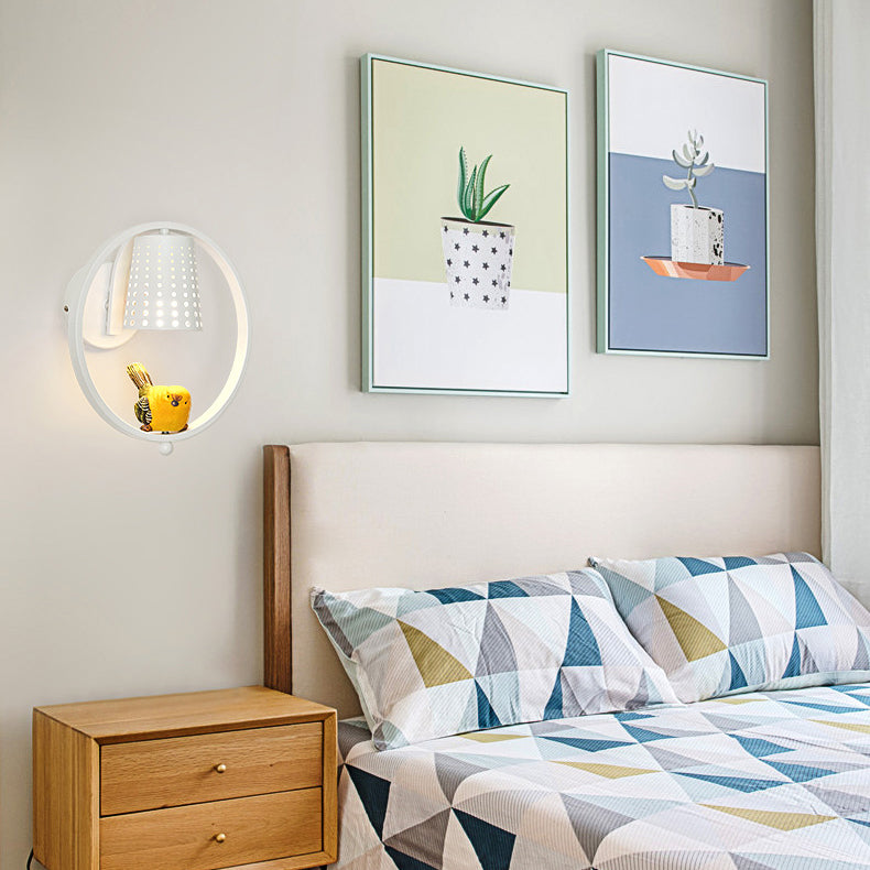 Cute Bird Kids Wall Light with Metal Shade - Child Bedroom Sconce Light
