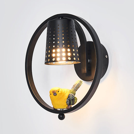 Cute Bird Kids Wall Light with Metal Shade - Child Bedroom Sconce Light