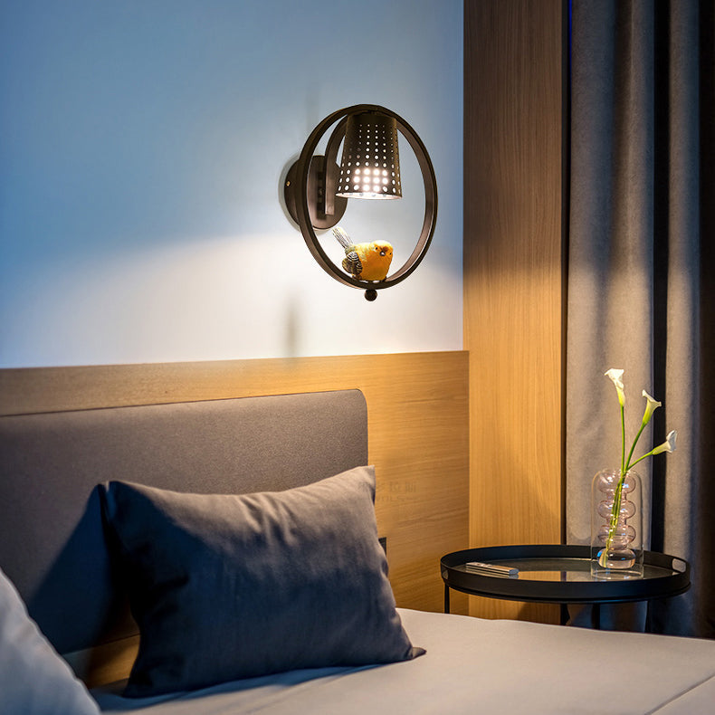 Cute Bird Kids Wall Light with Metal Shade - Child Bedroom Sconce Light
