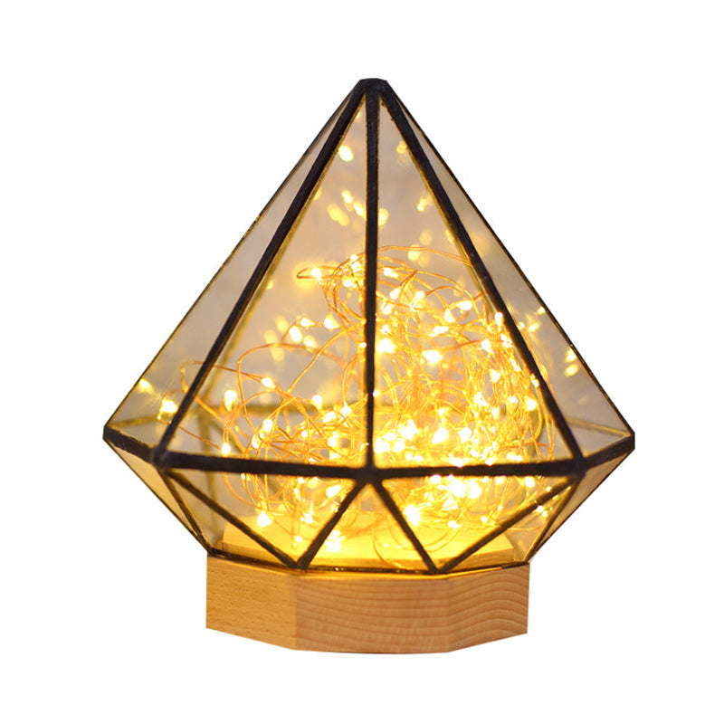 Kids Diamond Night Lamp: Transparent Glass LED Table Light with Cartoon Process and Glow String Inside - Wood Design