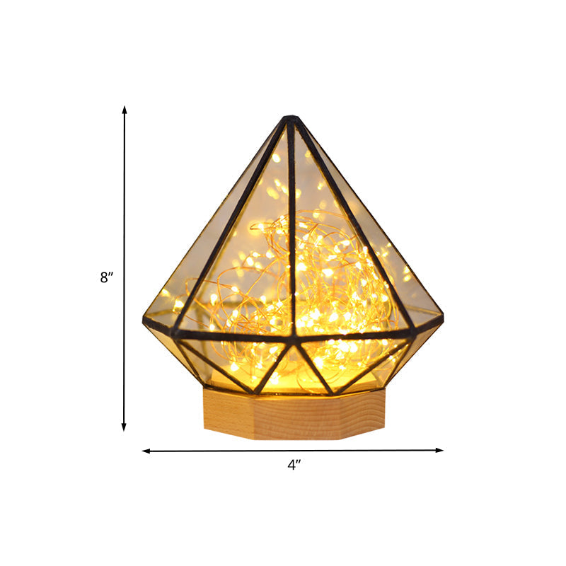 Kids Diamond Night Lamp: Transparent Glass LED Table Light with Cartoon Process and Glow String Inside - Wood Design