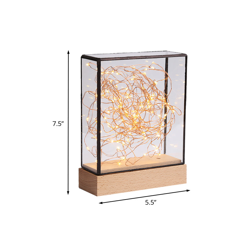 USB Chargeable Kids Glass Night Light with Pink Bear Interior and Wood Base