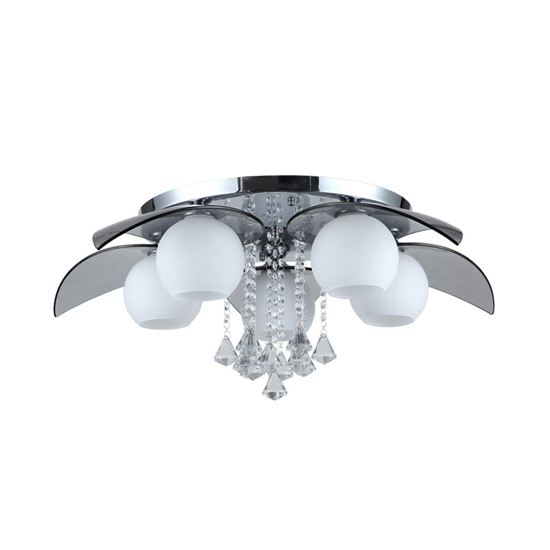 Contemporary Flush Mount Lamp with Milkglass, Crystal Strand & Leaf Decor - 5 Lights - Ideal for Hotels and Ceilings
