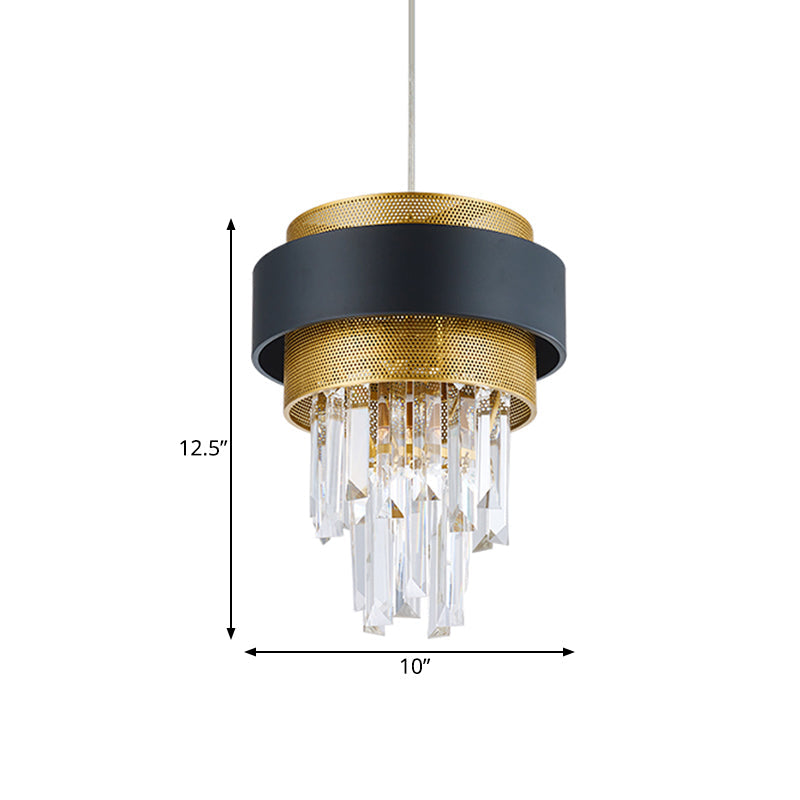 Retro Layered Hanging Lamp with Crystal Rod - 1 Bulb Suspension Lighting with Circle Guard in Black & Gold