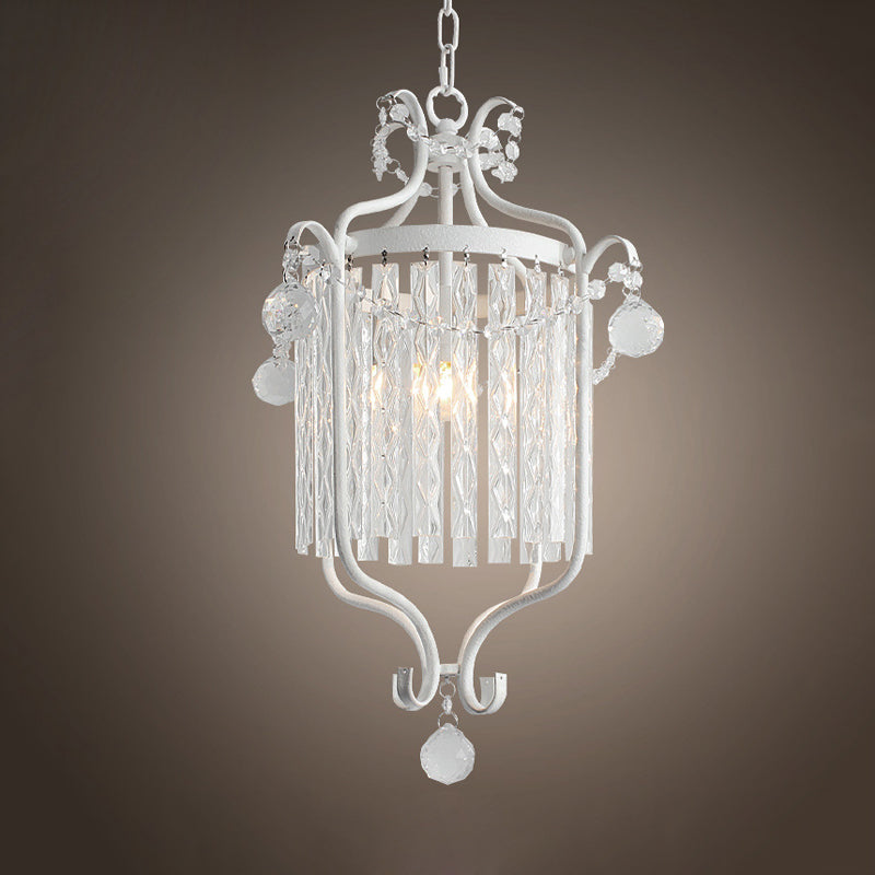 Retro Iron Pendant Light with Crystal Rod Drape - Scroll Frame Corridor Lamp (Black/White)